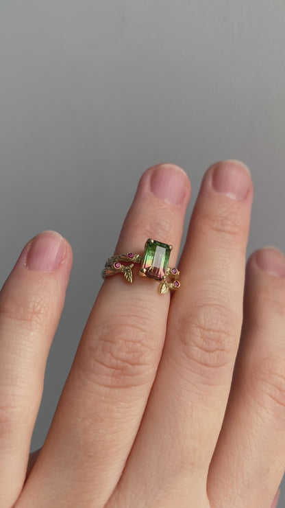 14K Solid Gold Watermelon Tourmaline Ring Set