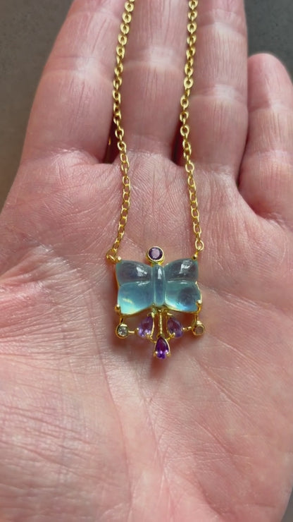 925 silver aquamarine bow necklace