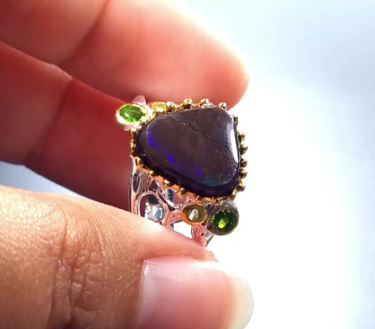 925 silver blue ammolite wide band ring