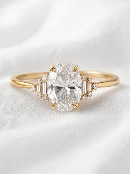14K Gold Oval Diamond Deco Ring