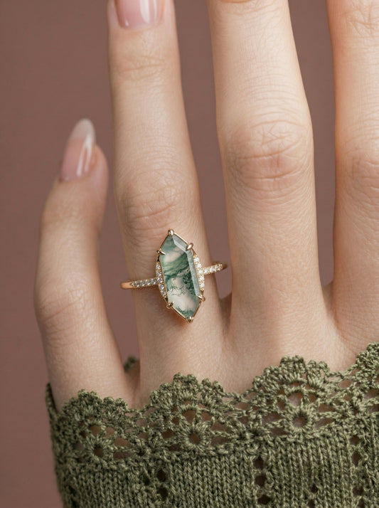 14K Gold Moss Agate Deco Ring