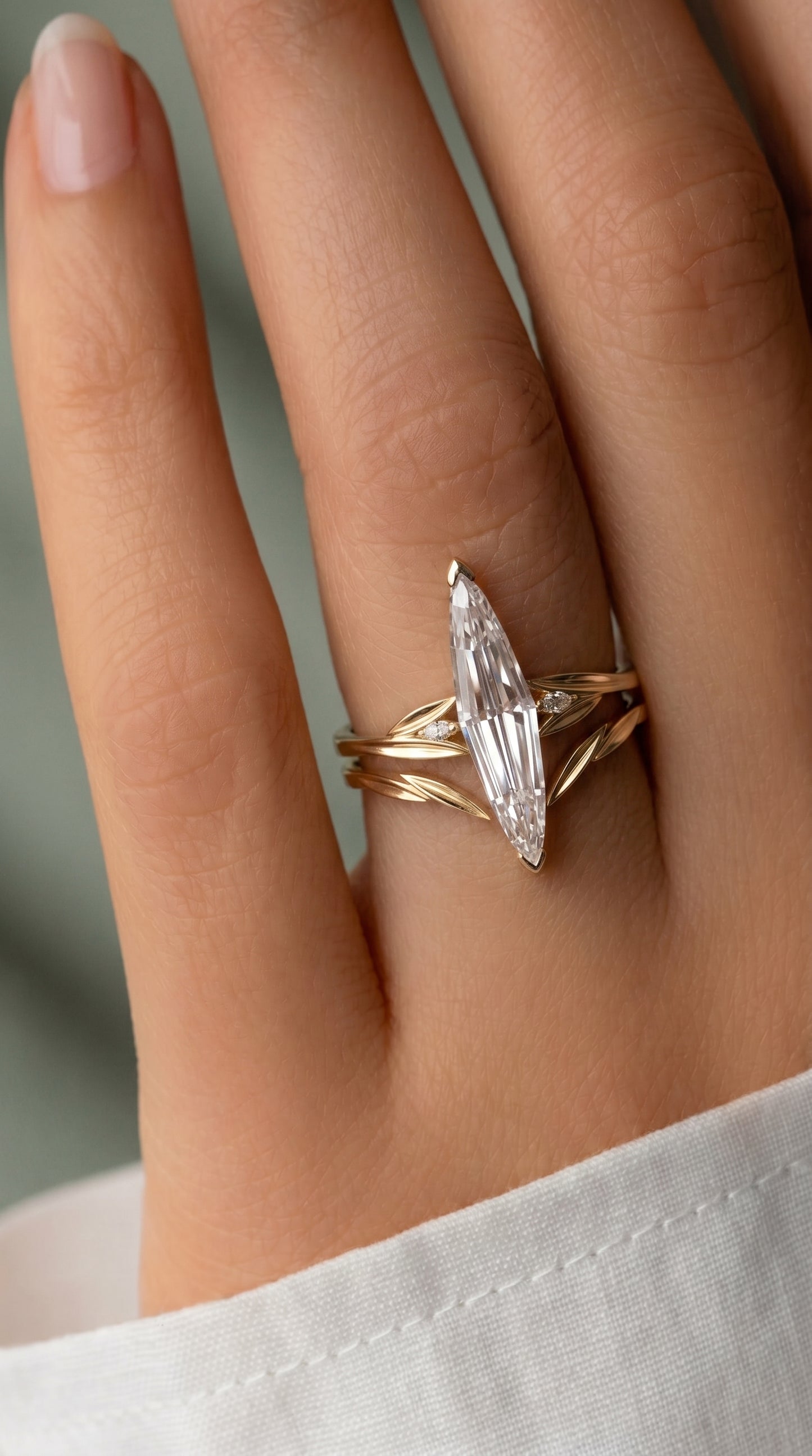 14K Gold Elongated Marquise Diamond Ring