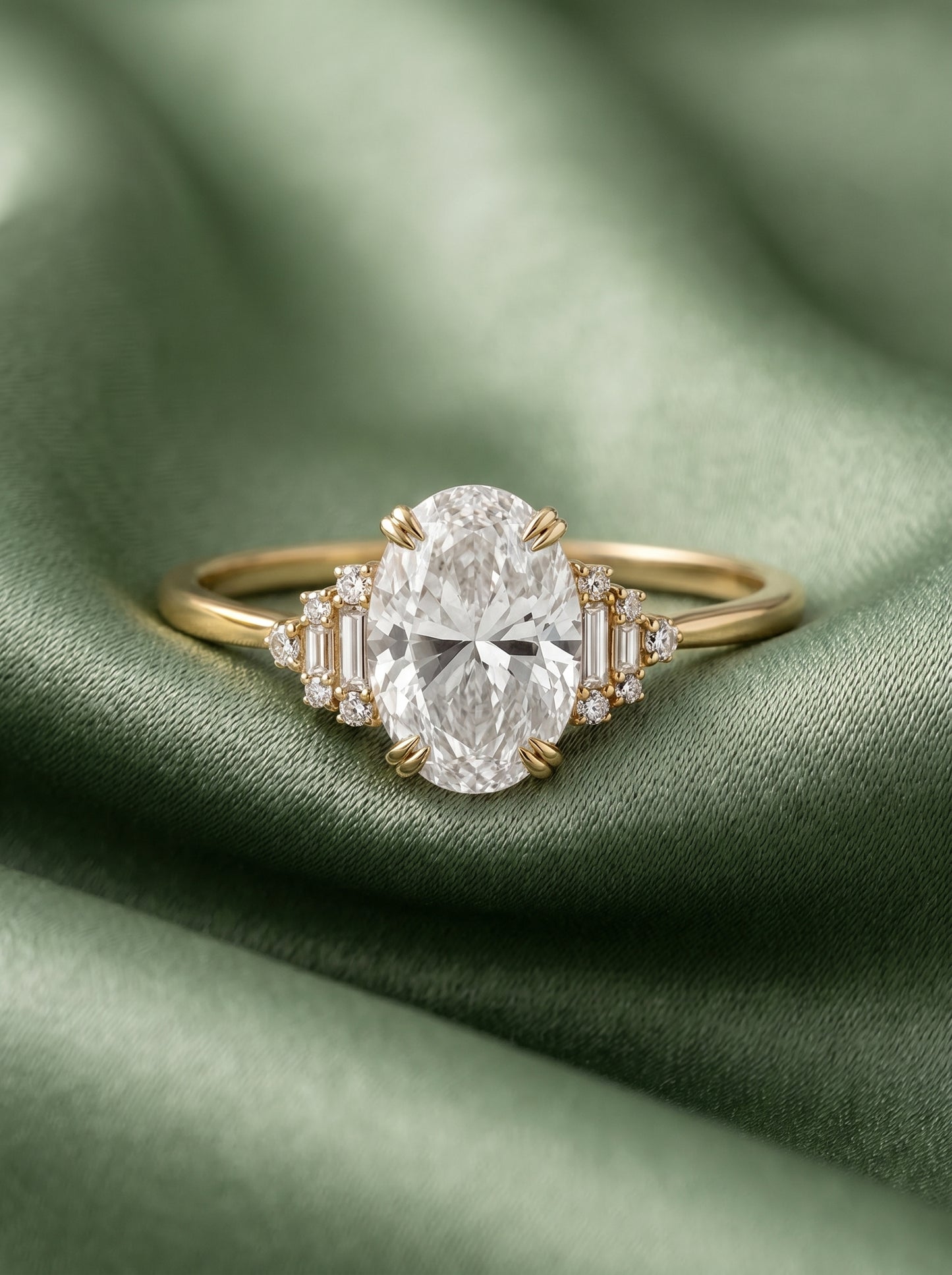 14K Gold Oval Diamond Deco Ring