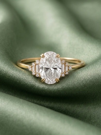 14K Gold Oval Diamond Deco Ring