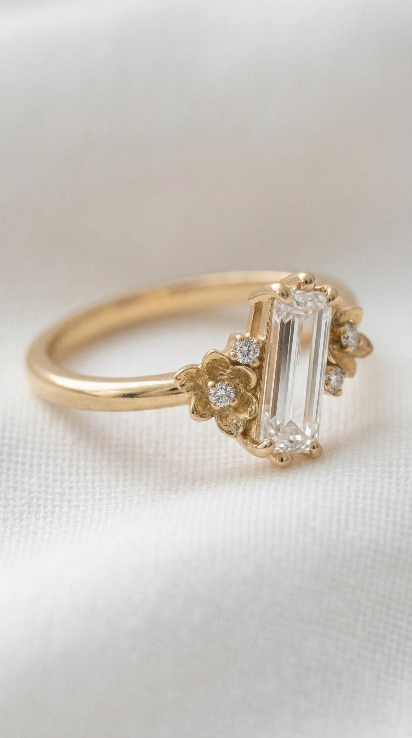 14K Gold Baguette Diamond Floral Ring