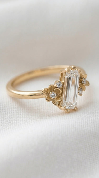 14K Gold Baguette Diamond Floral Ring