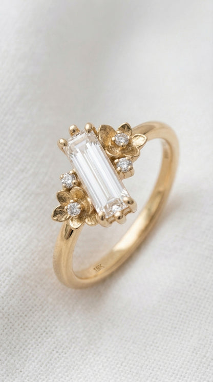 14K Gold Baguette Diamond Floral Ring