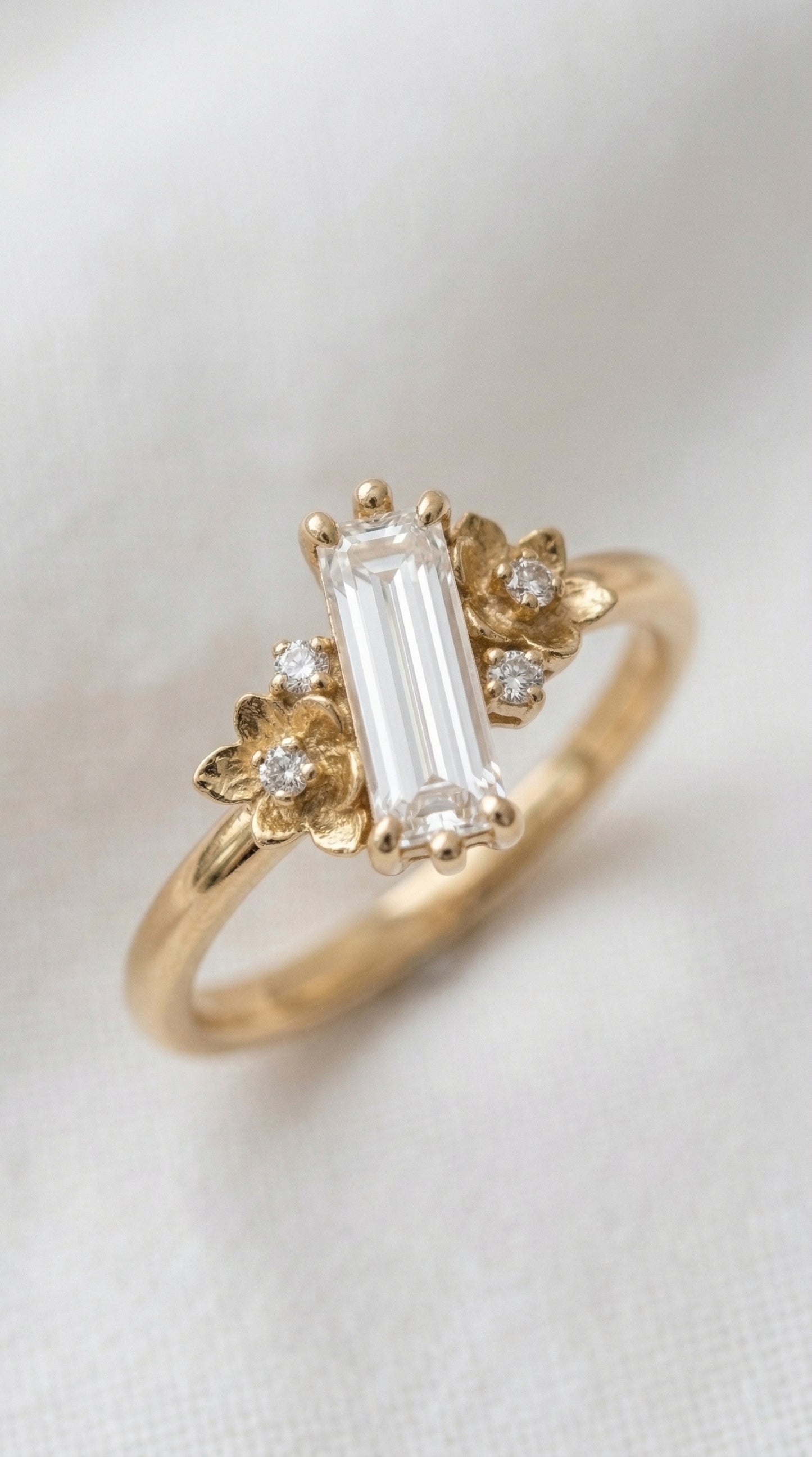 14K Gold Baguette Diamond Floral Ring