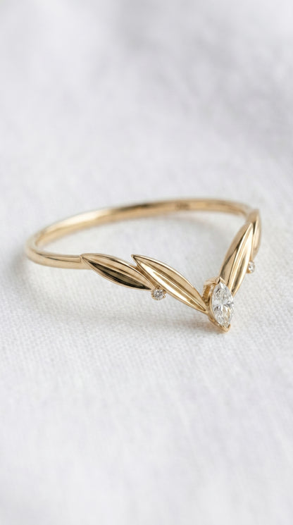 14K Gold Leaf Marquise Wedding Band