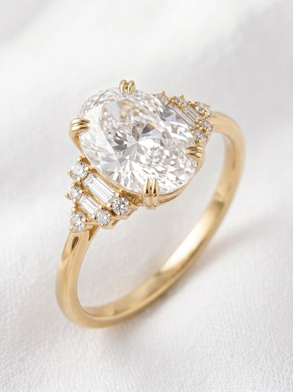 14K Gold Oval Diamond Deco Ring