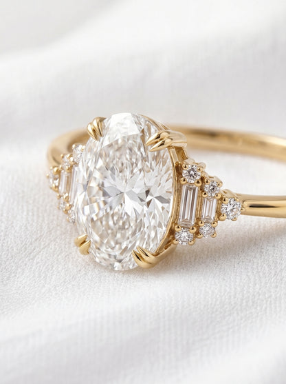 14K Gold Oval Diamond Deco Ring