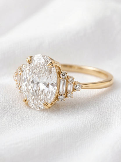 14K Gold Oval Diamond Deco Ring