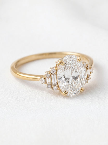 14K Gold Oval Diamond Deco Ring