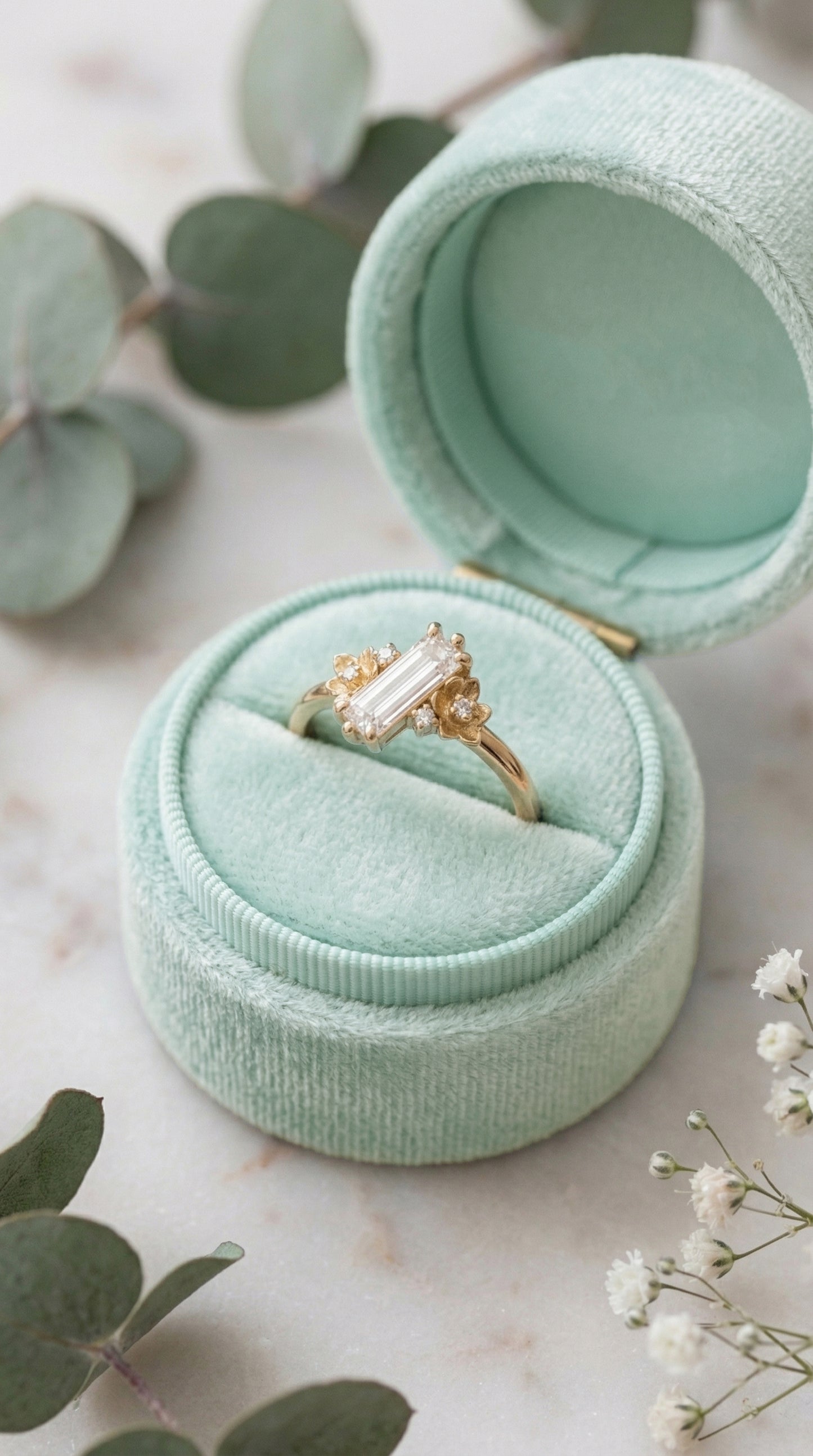 14K Gold Baguette Diamond Floral Ring