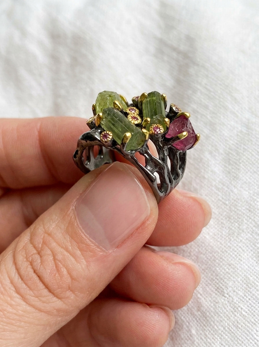 925 Sterling Silver Raw Tourmaline Statement Ring