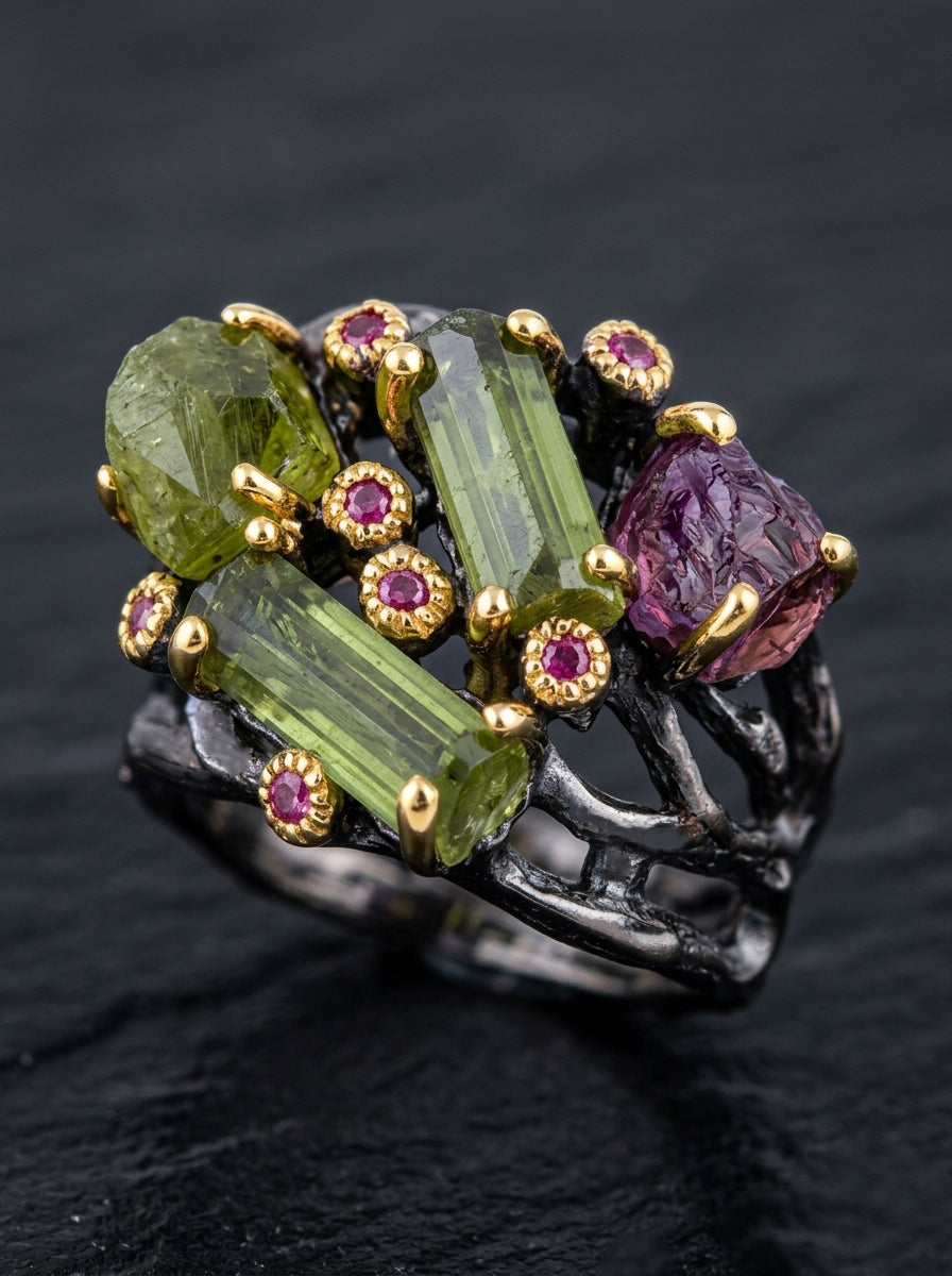 925 Sterling Silver Raw Tourmaline Statement Ring