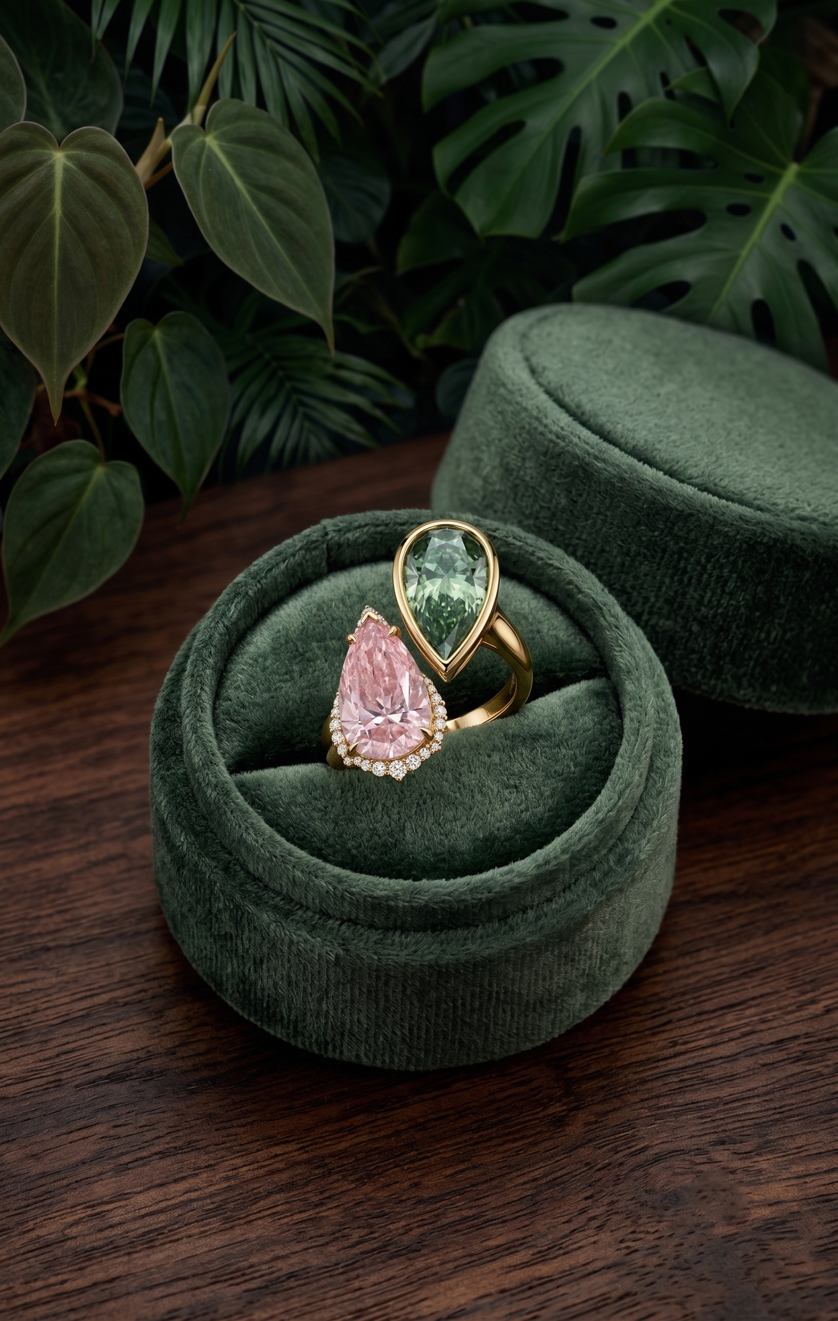 A gold ring with a pear-cut pink gemstone and a pear-cut green gemstone, displayed in a round green velvet ring box on a dark wooden surface with green foliage in the background.