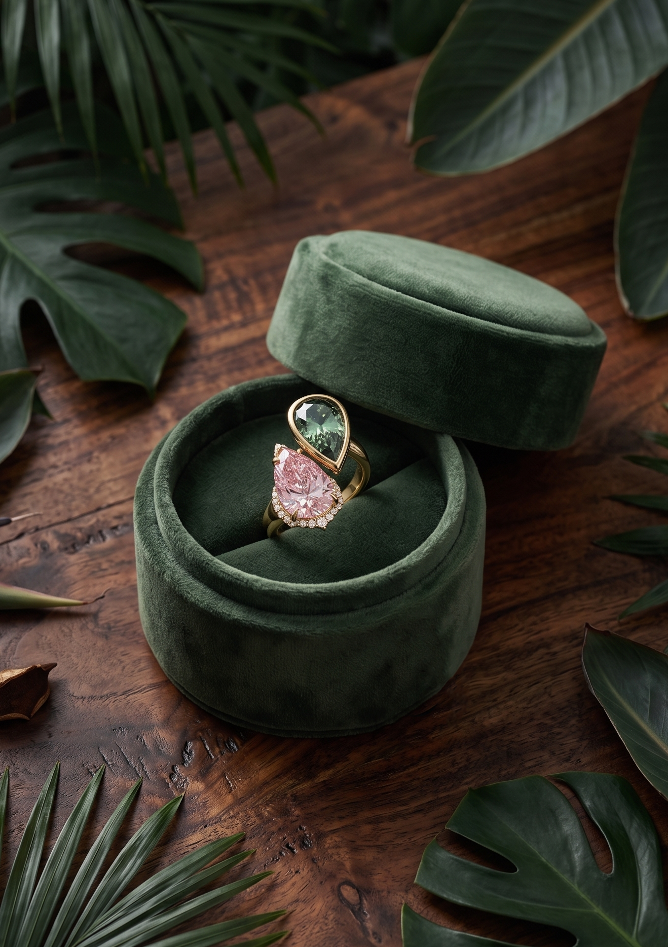 18K gold ring with a pear-shaped green diamond and a pink lab diamond, displayed in an open dark green velvet ring box on a rustic wooden table surrounded by tropical leaves.