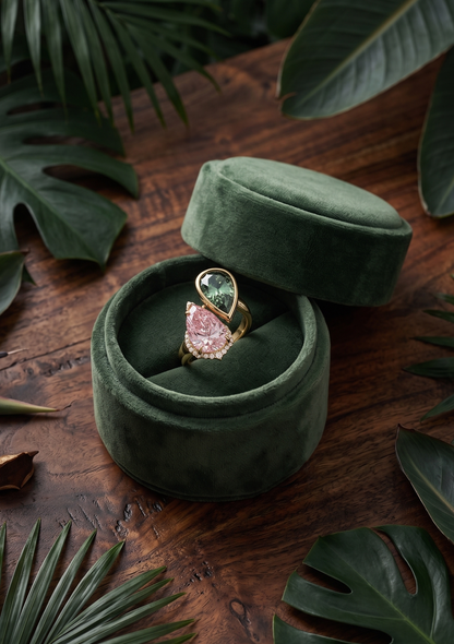 18K gold ring with a pear-shaped green diamond and a pink lab diamond, displayed in an open dark green velvet ring box on a rustic wooden table surrounded by tropical leaves.