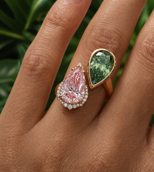 A close-up of a hand wearing a gold ring with two pear-shaped gemstones: a large pink diamond and a green diamond, accented with small clear stones.