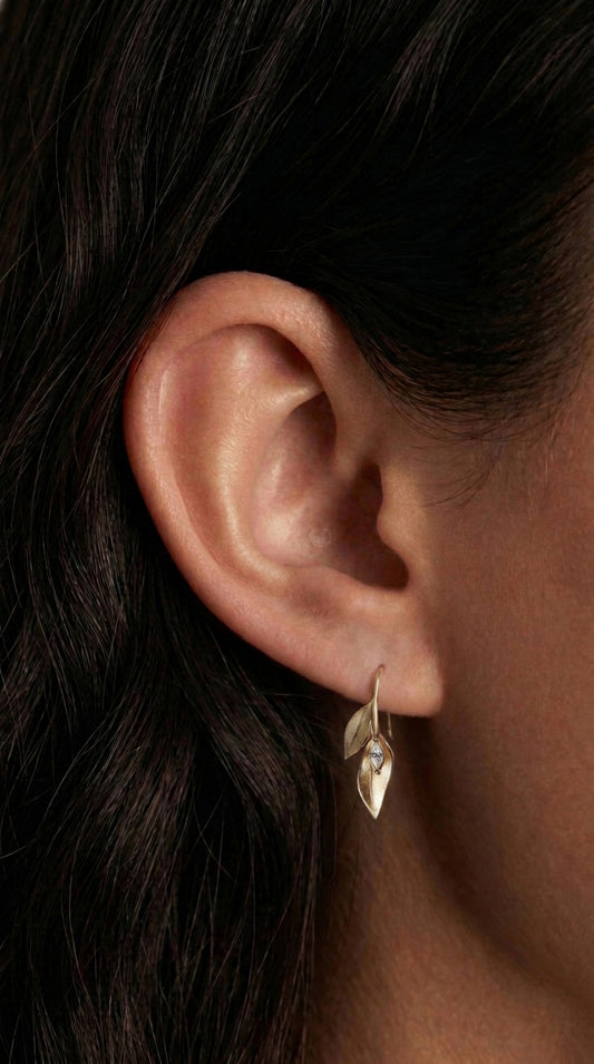 14K Gold Leaves Diamond Drop Earrings