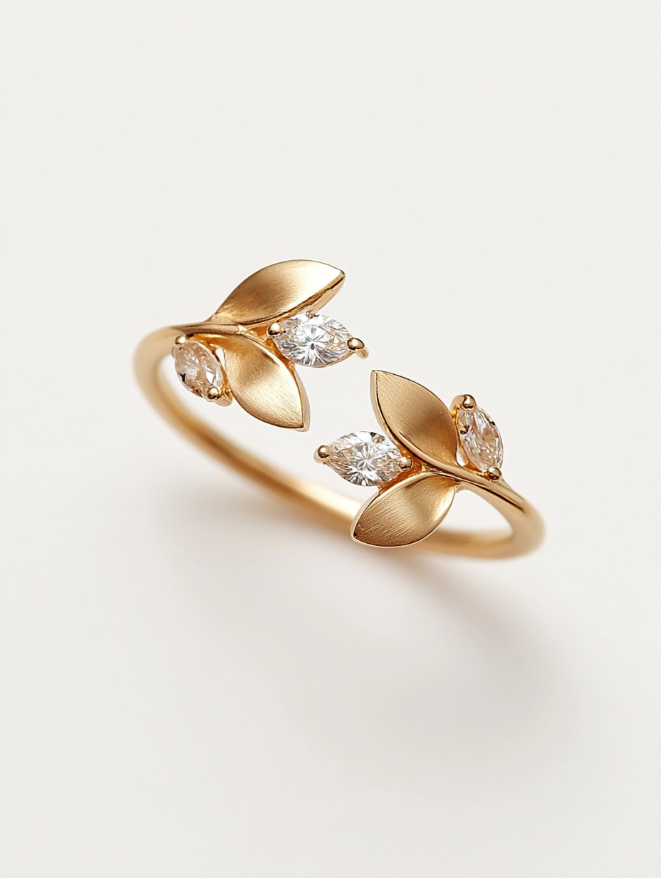 14K Gold Adjustable Leaves Diamonds Ring