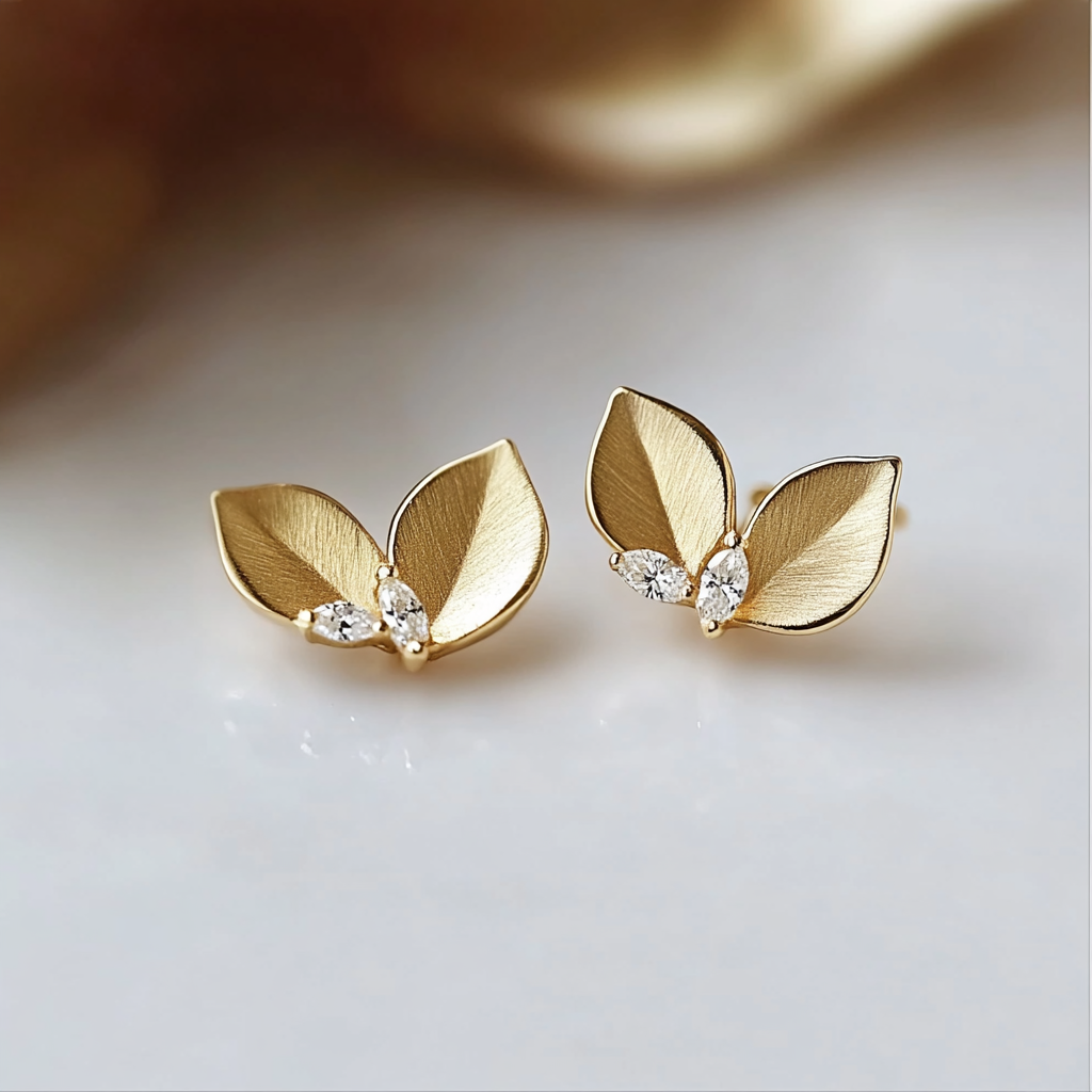 14K Gold Leaves Diamond Stud Earrings
